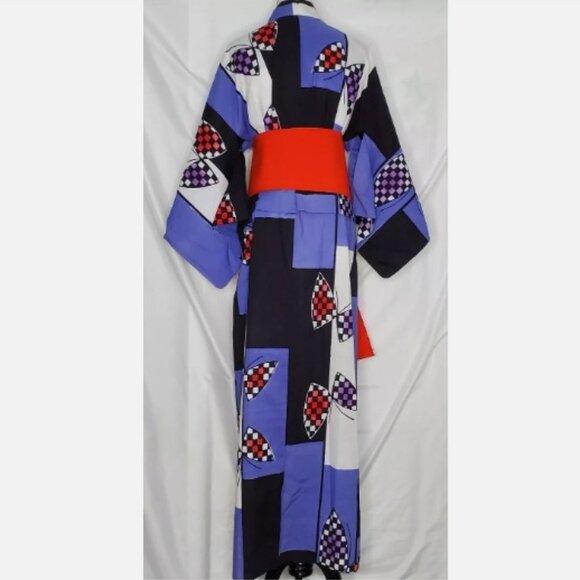Vtg Handmade Kimono Abstract Flag Japanese Yukata Urushi Haori Jacket Cotton - Picture 2 of 10